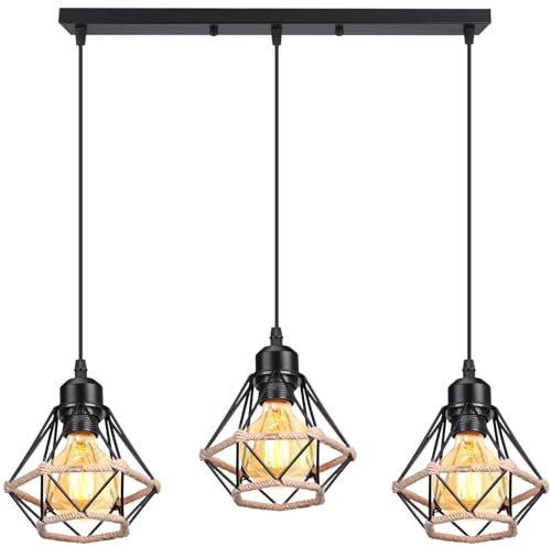 PETITES ECREVISSES 3 Flammige Pendelleuchte Industrie Hängelampe Schwarz Metall Pendellampe 16CM Design mit Hanfseil Deckenleuchte E27 Für Wohnzimmer Café Restaurant