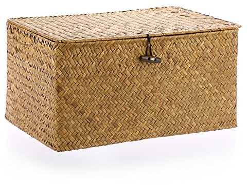 IGNPION - Cajas de mimbre trenzado con tapa, cajas portaobjetos de madera natural grande (L, 36 x 24 x 18 cm)