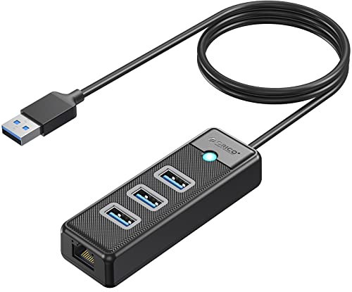 USB 3.0 HUB Ethernet, ORICO 4-en-1 USB 3.0 con RJ45 10/100/1000 Gigabit Ethernet Adaptador con Cable de 3,3 pies Compatible con Mac OS 10.X y Superior, Linux, Android-Negro