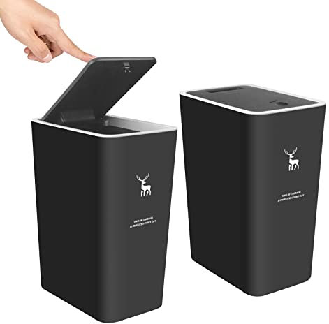 XPIY Lot de 2 poubelles de 15 litres avec couvercle, petite poubelle en plastique résistant aux chiens, pour salle de bain, cuisine, chambre à coucher, bureau (2, noir)