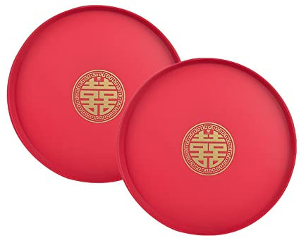 Plateau de Service Rond 2 pièces, Plateaux de Service en Plastique, Plateau décoratif pour thé Rouge, Plateau de Service Chinois pour Mariage, Plateau de Service Alimentaire