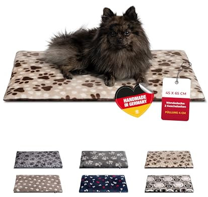 HS-Hundebett® Hundedecke XS (45x65 cm) – Wendbar & gemütlich Dank 3 cm Füllung – Perfekt fürs Sofa, Auto & Hundebox – Pfote Beige, Made in DE