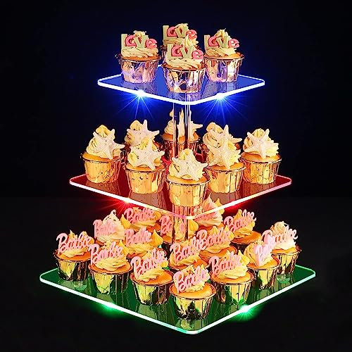 3 Pisos Soporte Cupcakes, Ulifeme LED Recargable Cupcake Stand Acrílico, Soporte de Exhibición de Postres Cuadrado Transparente para Navidad, Boda, Aniversario, Baby Shower y Fiesta de Cumpleaños