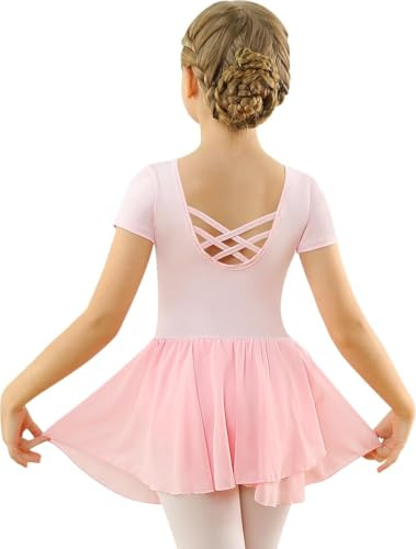 Mulnall Ballettkleid Mädchen Ballett Kleid Kurzarm Langarm Criss Cross Baumwolle Balletttrikot Gymnastik Kinder Tanzbody mit Rock Tütü Kostüm Tanzbekleidung 2-12 Jahre