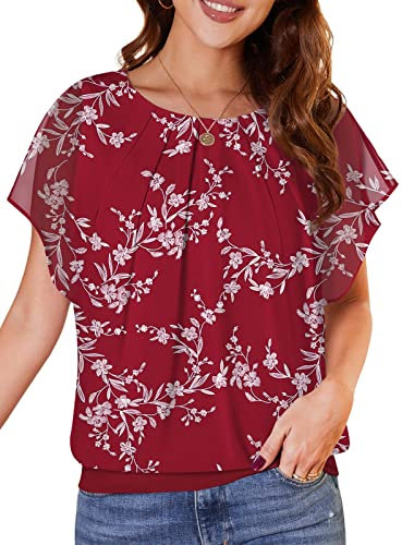 WANGZHI Damen Sommer Fledermausärmel Chiffon Bluse Rundkragen Casual T-Shirt Loose Fit Kurzarm Tunika Festliche Oberteile Basic Shirt Tops Chiffonbluse YH-Weiße Blätter/rot,XXL