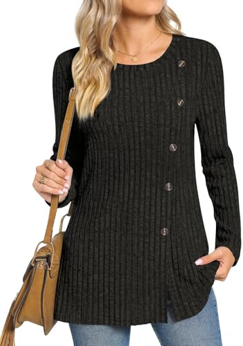 TAOHUADAO Women's Long Sleeve Jumpers Crewneck Tunic Tops with Button Sides Loose Casual Fall Sweater Shirts for Leggings L, Black