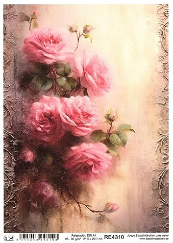Josys Bastelmärchen Reispapier A4 Strohseide Vintage Scrapbooking Blumen pink rosa Rosen RE4310