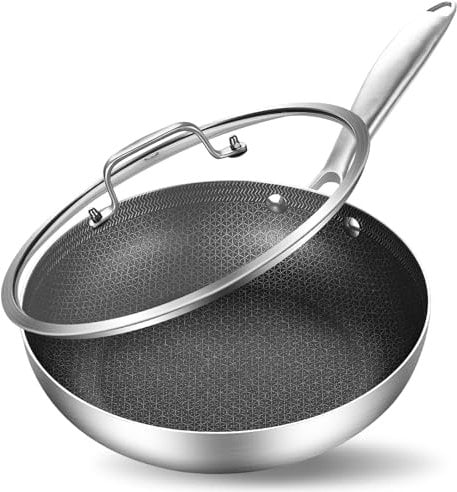 Inqibee 22 CM Hybrid Tri-Ply Stainless Steel Non-Stick Frying Pan with Lid,Induction Cooking Pan,Even Heating and Oven Safe