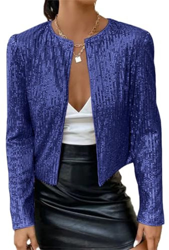 Tomwell Damen Glänzend Pailletten Jacke Cardigan Langarm Lässige Tops Kurz Oberteile Eleganter Blazer Glitzer Party Stehkragen Business Anzugjacke Clubwear A Dunkelblau XXL