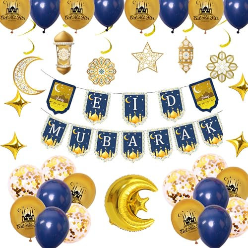 Eid Mubarak Dekoration Gold, Eid al Adha Deko, Eid Mubarak Girlande, Mond Stern Folienballon, Eid Mubarak ballon für Eid Ramadan Mubarak Partydeko