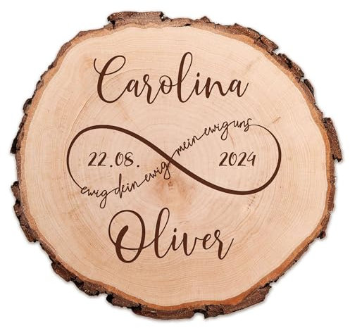 Baumscheibe mit Gravur Unendlichkeit, Holzscheibe zur Hochzeit, Hochzeitsgeschenk für Brautpaar, Personalisierte Holzplatte mit Namen und Datum, Geschenk zur Hochzeit, Holz Untersetzer, Hochzeitsdeko