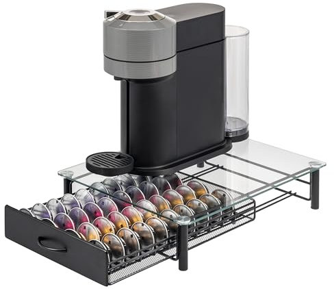 eluno Porte-capsules pour 40 capsules Nespresso Vertuo, boîte à tiroirs, support en verre en métal et plateau en verre, boîte à capsules de café, distributeur de capsules (transparent)