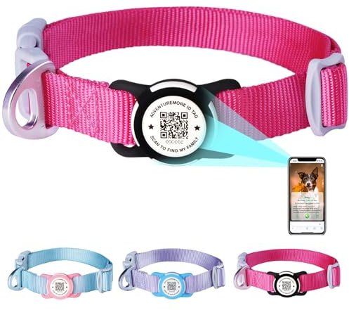 ThinkPet Nylon Hundehalsband mit wasserdichtem AirTag-Halter und QR-Code zur sicheren Aufbewahrung von Haustier-Rosarote-Klein(Halsumfang:22-30cm)