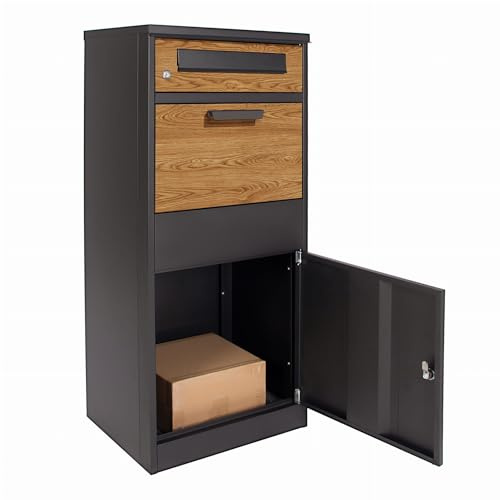 JUMI Wetterfest Briefkasten und Paketbox - Rostfrei und Massiv, Standbriefkasten Modern, Stahlblech Rückholsperre, Schublade und Schrank, Größe XXL Mailbox - aus Metall, Anthrazit + Holz Motiv