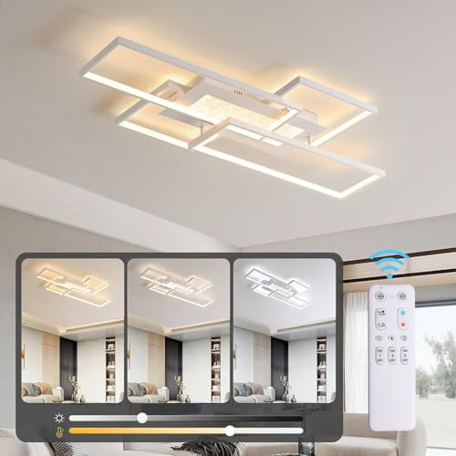 LED Wohnzimmer Deckenleuchte Dimmbar Deckenlampe mit Fernbedienung,100x50cm Rechteckige Wohnzimmerlampe 3000K-6000K Weiß Deckenlampe 72W Schlafzimmerlampe Moderne Geometrische Küchen Deckenbeleuchtung