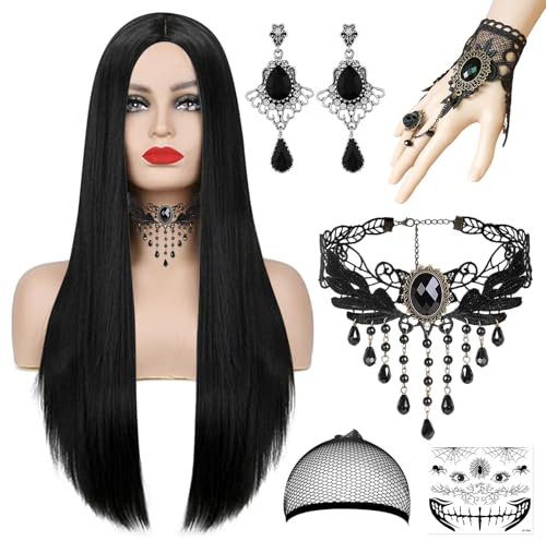 Perücke Halloween Damen, 70cm Perücke Damen, Schwarz Halloween Perücke Damen mit Haarnetz Gothic Halskette Armbänder, Ohrring Tattoo Sticker Halloween Accessoires für Halloween Karneval Cosplay Party