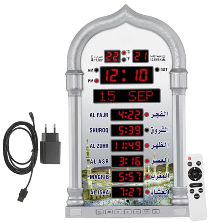 LOVIVER Azan-Uhr, Muslime, Gebetsuhr, Wecker, islamische Erinnerungszeit, Erinnerung an dekorative dekorative Uhr, Digitaluhr, Silber