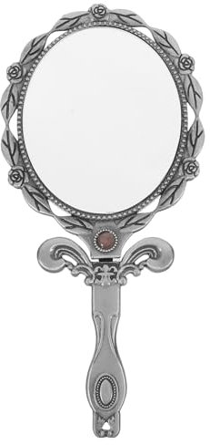 MAGICLULU Handspiegel Vintage Faltbarer Make-Up-Spiegel Tragbarer Kosmetik-Taschenspiegel Ovaler Kosmetikspiegel Metall Kompakter Kleiner Faltbarer Reisespiegel Für Damen Und Mädchen Silber