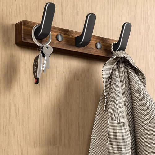 Lxoraziy Wall-Mounted Coat Rack - Walnut Coat Rack Hook, Heavy Duty Wooden Wall Coat Hanger with 3 Coat Hooks for Hanging Coats, Hats, Clothing, Scarfs