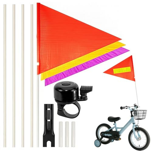 AHEJIOO Fahrradfahne für Kinder, Set mit 3 Fahnen und Klingel, Verstellbare Kinderfahrradfahne, Fahrradwimpel Sicherheitswimpel für Fahrradanhänger 2 Kinderd, Roller Fahrrad Wimpel Fahne ﻿