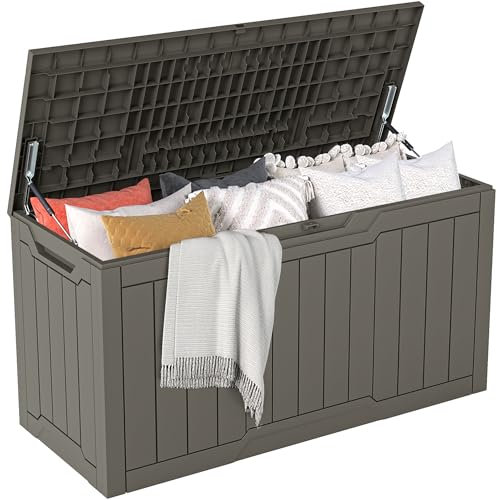 DWVO Outdoor Garden Storage Box|300L 115x46.8x58cm|Waterproof||Securely Lockable|Side Carry Handles|All Weather Resistant|Patio Resin Deck Box for Pillows, Equipment,Shoe(Taupe)