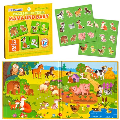 MAGNIKON Magnetische Puzzles Mama und Baby, 24 Teile, 2-teilig Magnetpuzzles für 2 Jährige, Kleinkinder Puzzles mit Tiere, Kinder Beschäftigung, Spiele für Unterwegs