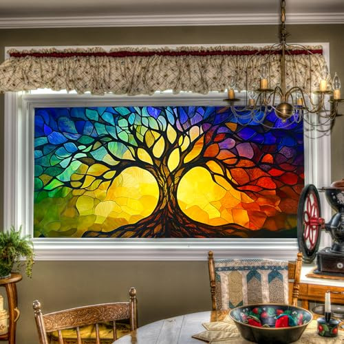 HOMETITUTE Colorful Tree of Life Privacy Window Film 39.3x17.7 Inch PVC | Static Cling, Glass Decal | Privacy Film, Decorative Glass Cover | Office, Door, Bathroom (Colorful Tree)