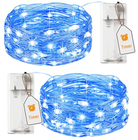 btfarm 2 Stück Lichterkette Batterie mit Timer, 2M 20LED Lichterkette Innen | Silberdraht, Mirco Draht, Batteriebetrieben, für Party Schlafzimmer Weihnachten Tisch Hochzeit Halloween Deko, Blau