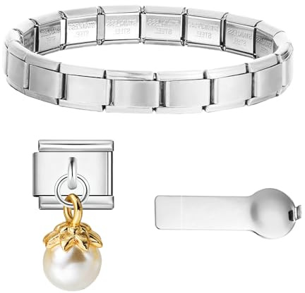 CENCERY Kit de démarrage 3 en 1 pour breloques italiennes, bracelet en acier inoxydable doré de 9 mm, 6 breloques et outil d'ouverture