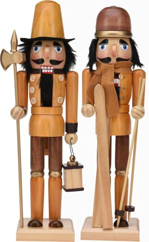 Muddy Hands Set of 2 Wooden Nutcracker Figures - 38cm Tall Christmas Ornaments - Traditional Guard & Skier Design - Holiday Mantel & Festive Decor