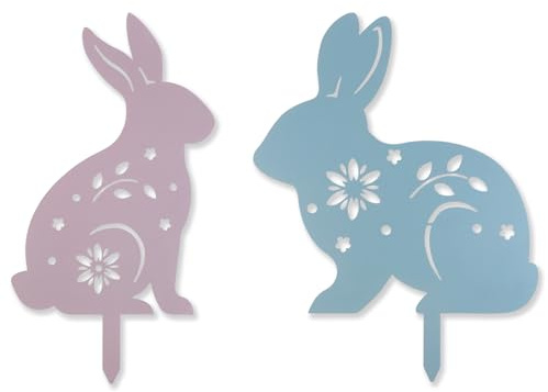 YIYA 2 Stück Ostern Deko Metall-Hase-Pfähle, Blumenmuster Kaninchen-Gartenschilder für Außen Rasen Garten Hof & Frühlingsdekoration