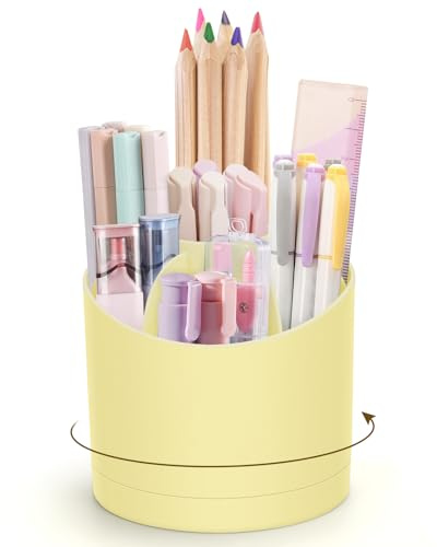 minimaliving Desk Organiser,360 Degree Rotating Pen Holder for Desk,Nordic Style Pencil Pot Cup,Modern Office Desk Accessories with 7 Slots Caddy for Desktop,School,Home,Cosmetics(Yellow)