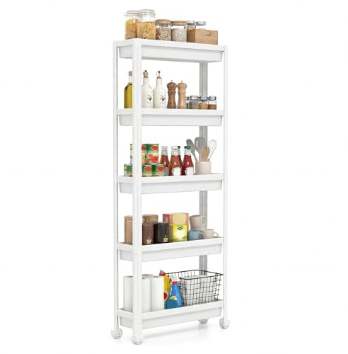 COSTWAY schmaler Küchenwagen auf Rollen, Nischenregal Bad Organizer mit Griffen, multifunktionaler Aufbewahrungswagen, Rollwagen Kunststoff für Küche, Badezimmer (Weiß,5 Ebenen)