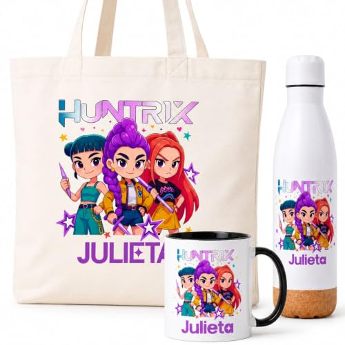 Gifters | Pack Sac Personnalisé avec Prénom + Bouteille Inox 750 ml + Tasse Céramique 325 ml | Design Personnages Style K-Pop | Cadeau Original pour Fille Anniversaire Noël et Communion