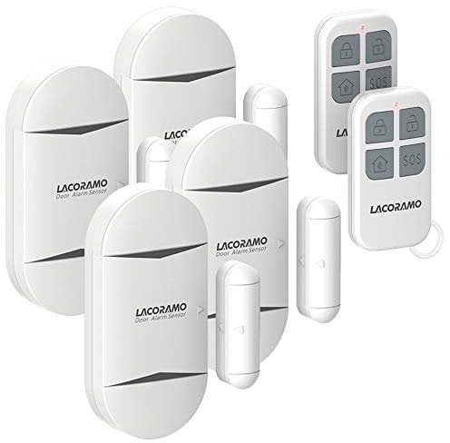 LACORAMO 130db Sensor de Alarma para Puertas y Ventanas con 2 Controle Remoto Campana de Apertura de Contacto magnético inalámbrico para niños,hogar,refrigerador,Tienda (4 Alarma 2 Controles)