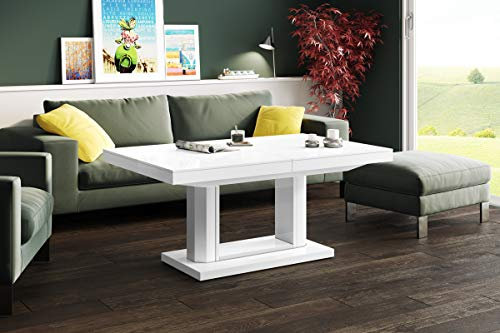 designimpex H-120 Couchtisch Weiß Hochglanz ausziehbar höhenverstellbar 120/170cm modern vielseitig Wohnzimmertisch Esstisch Beistelltisch Sofatisch platzsparend hochwertig Wohnzimmer