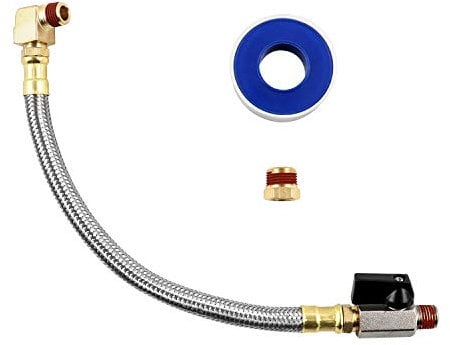 QWORK Extended Tank Drain Valve Assembly Kit for Air Compressor, Including 10 Inches Air Compressor Tank Drain Hose 1/4 inch NPT, 1/4 to 3/8 Brass Adapter and Thread Seal Tape