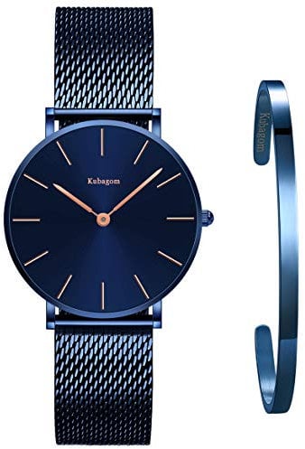 Kubagom Damen Uhren Analog Quarz Edelstahl Wasserdicht Mesh Ultradünne Set mit Armreif