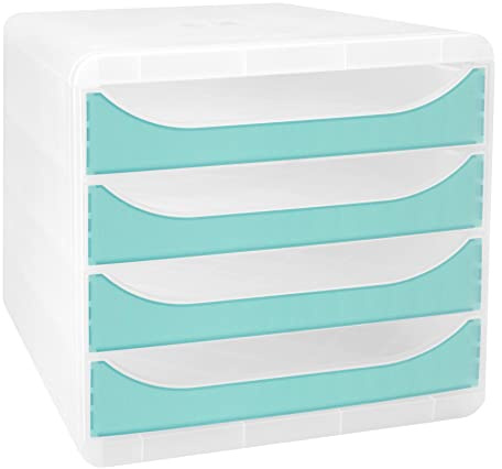 Exacompta - Ref. 310336D - BIG-BOX Chromaline - 4-drawer box for A4+ format - External dimensions: depth 34.70 x width 27.80 x height 26.70 cm - Crystal/translucent turquoise