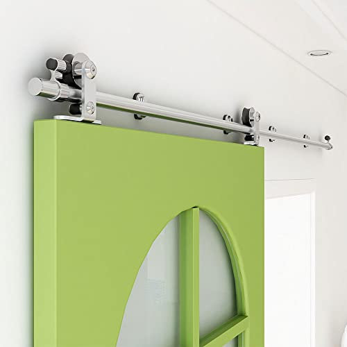 Rail Porte Coulissante Inox 183cm Kit Roulette Suspendue Systeme Noir pour 1 Porte Coulissante Interieur 91cm Large, Acier Inoxydable T Forme