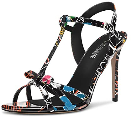 Castamere Femmes Aiguille Haut High Talon Heel Ouvert Bout Lanières Cheville T-strap Nœud Papillon Sandales Danse Décontracté 10 CM Heels Noir Gribouillis 40 EU