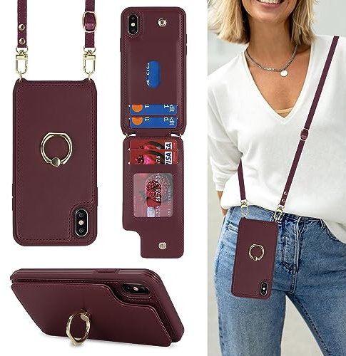 Havaya Coque iPhone X avec Cordon RFID Porte Carte Portefeuille Étui iPhone XS avec Cordon Anneau Telephone Portable Réglable Collier Housse Etui pour Femmes - Bourgogne