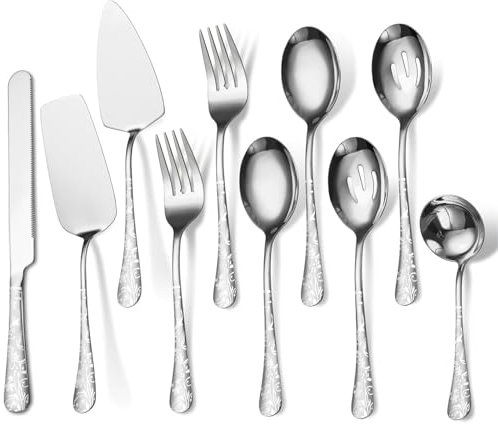 Jxkgenix Set da portata di posate in acciaio inossidabile, Set di posate da 10 pezzi,Tra Cui Un Grande Cucchiaio, Cucchiaio Scanalato, Forchetta Di Servizio, Cucchiaio, Ascensore Per Torte E Coltello