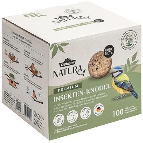 Dehner Natura Premium Meisenknödel ohne Netz, Insektenknödel, ganzjähriges Wildvogelfutter proteinreich / energiereich, 100 Stück je 90 g (9 kg), Karton aus FSC-zertifizierter Produktion