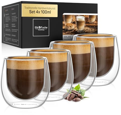ElbFuchs® Juego de tazas espresso (4x 100ml) cristal térmico de pared doble | Apto para lavavajillas | Para moka, espresso y más