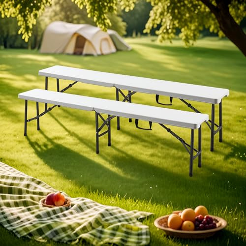 [en.casa] Klappbank-Set Ljusnarsberg 2-TLG. Gartenbank klappbar Campingbank 180 x 25 x 43 cm Weiß Outdoor Bank tragbar