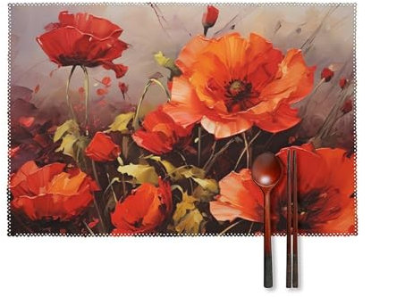 Platzdeckchen-Set, hitzebeständig, für Esstisch, waschbar, rutschfest, gewebt, für Küche, Innen- und Außenbereich, Ölgemälde, rote Blume, 6 Stück