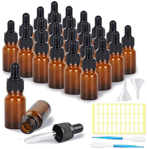 SuQurtom Amber Glass Dropper Bottles 10ml 24pcs Leak-Proof UV-Protect Essential Oil Bottles with Pipettes Travel-Sized Containers for Aromatherapy, Massage Oils, Perfumes, Labs & DIY Liquids
