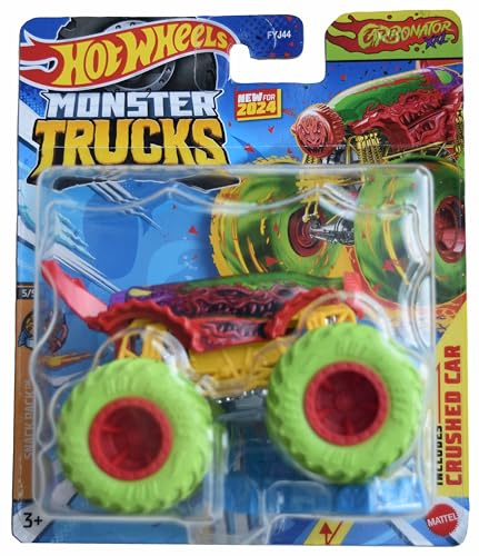 Hot Wheels Monster Trucks Carbonator, Snack-Pack 5/5 inkl. Crushed Car im Maßstab 1:64 Druckguss