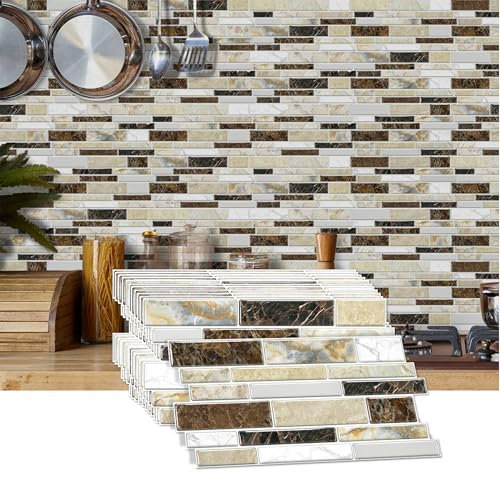 AMOYUN 12 Pezzi Adesivi per Piastrelle, Piastrelle Adesive Cucina Piastrelle Adesive per Cucina 12cm x 24.6cm Autoadesiva Resistente al Calore Impermeabile Vinile Decorazione Della Casa per Bagno
